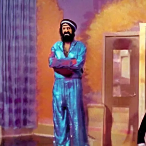 Prompt: A still of Osama Bin Laden wearing a disco suit in Saturday Night Fever