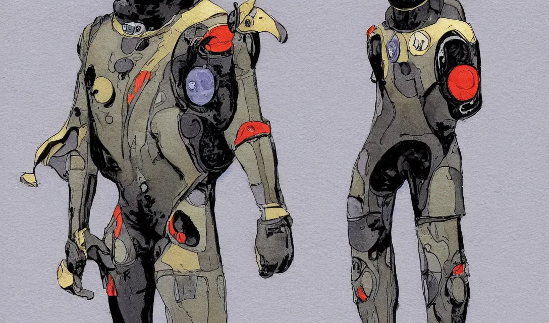 Image similar to male, full body, modern space suit, very stylized character design, large shoulders, short torso, long thin legs, tiny feet, science fiction, hyperdetailed, technical suit, shoulderpads, watercolor digital painting, in style of mike mignola, by alex maleev, jean giraud, painted by leyendecker