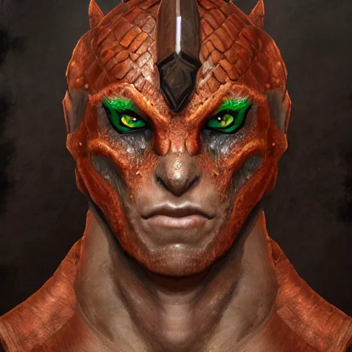 Image similar to portrait concept art of a wounded, copper, scaly dragonborn barbarian with a lot of battlescarsand a missing eye, character design, concept art, render, trending on artstation