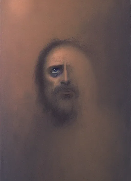 Image similar to king of hell paints a self portrait, symmetric lights and fog, in the style of zdzislaw beksinski, glowing light and shadow, hyperrealist, 8 k