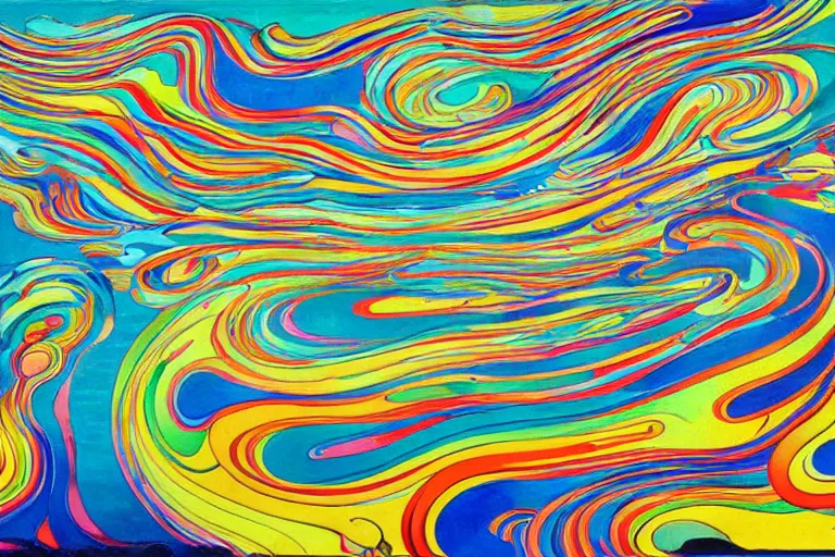 Prompt: Psychedelic sci-fi dreamworld. Landscape painting. Organic. Winding rushing water. Waves. Clouds. Wayne Thiebaud. Takashi Murakami.