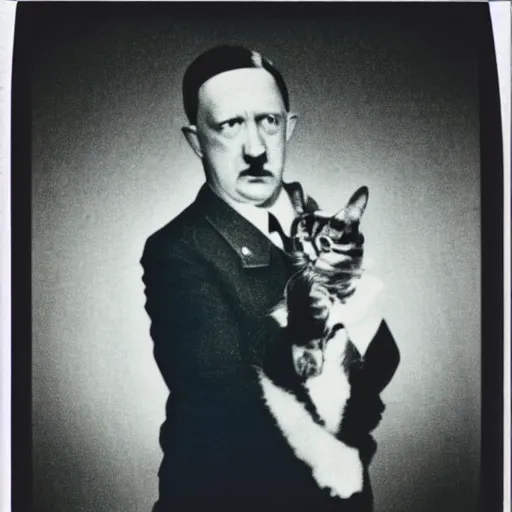 Prompt: polaroid of hitler holding a cat, dramatic backlighting