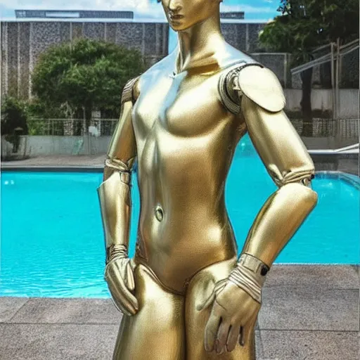 Image similar to “a realistic detailed photo of a guy who is an attractive humanoid who is half robot and half humanoid, who is a male android, twitch streamer Ninja Tyler Blevins, shiny skin, posing like a statue, blank stare, by the pool, display”