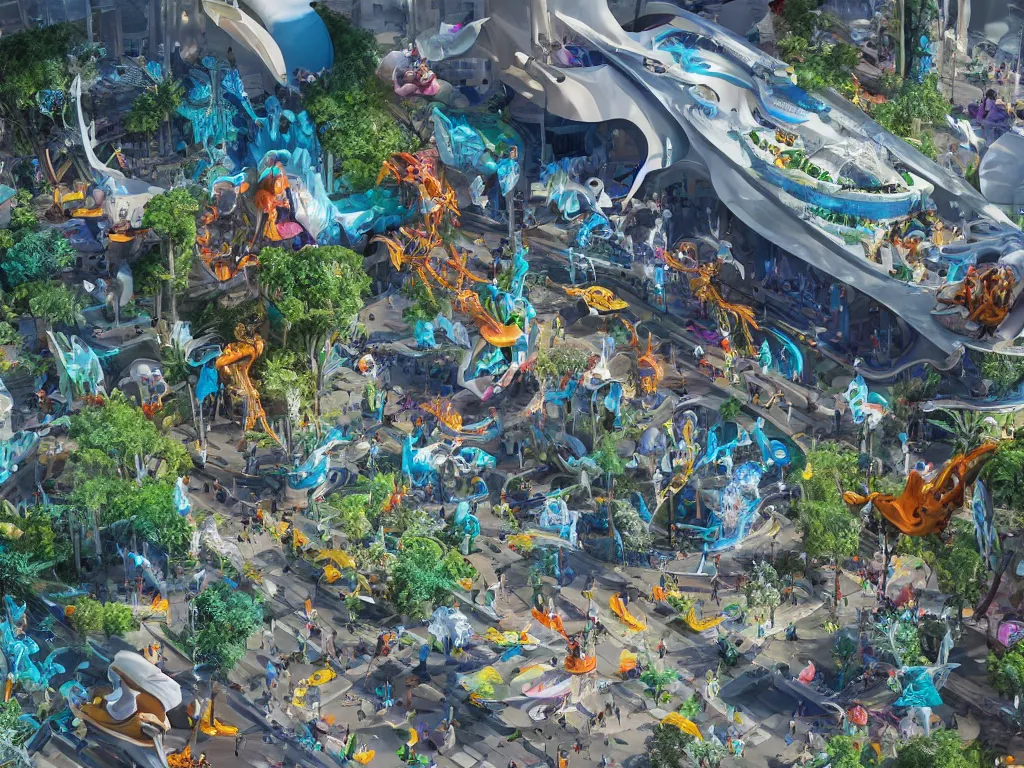 Image similar to a busy elaborate ornate outdoor science museum, cinematic, shadows, 4 k, detailed, by zaha hadid and lisa frank and peter jackson and ridley scott and beeple and greg rutowski