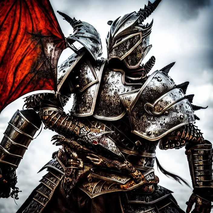 Prompt: photo of a warrior with metal dragon themed armour and helmet, highly detailed, 4 k, hdr, smooth, sharp focus, high resolution, award - winning photo