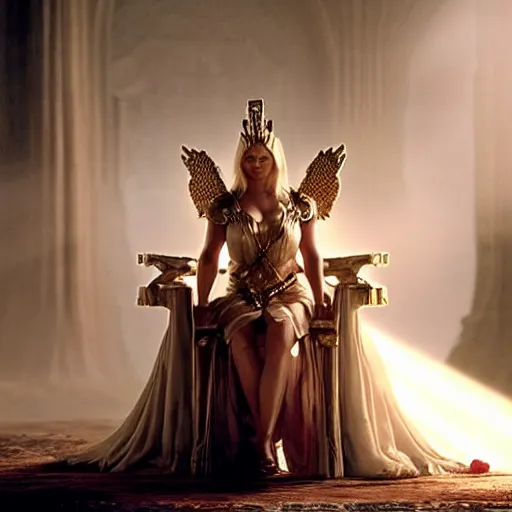 Image similar to cinematic scene with elisha cuthbert in a throne room dressed as the goddess of war, dramatic, small details, volumetric lighting