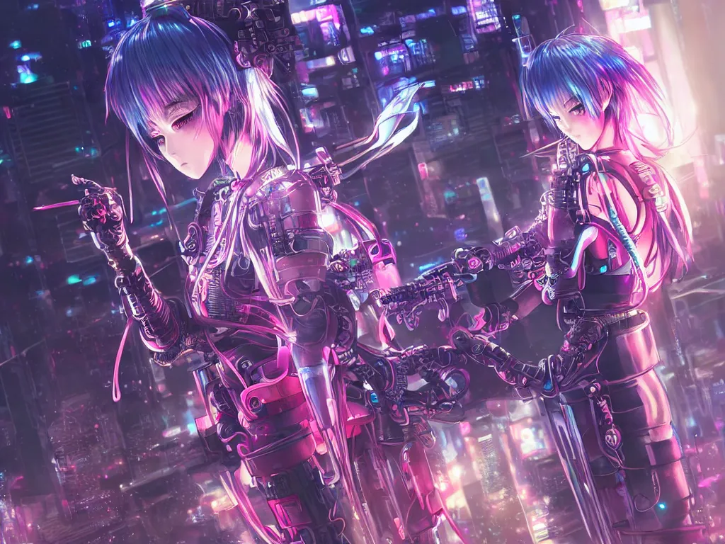 Image similar to anime key visual futuristic cyber warrior girl, on cyberpunk neon light tokyo rooftop, ssci - fi and fantasy, intricate and very beautiful, highly detailed and digital painting, concept art, smooth, illustration, art by l taekwon kim / a - rang style, luxearte and rossdraws and liya nikorov and rongzhen luo