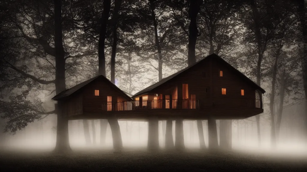 Prompt: a beautiful wooden house with a large tree nearby and street lights on, fog, volumetric lighting, mystique, atmospheric, sharp focus, ultra detailed, noir art house, 4 k, 3 5 mm