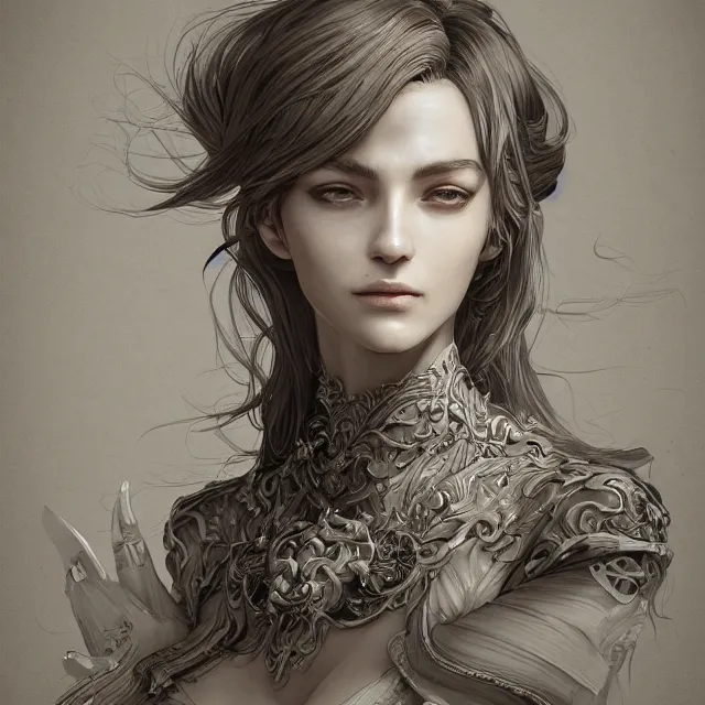 Prompt: a portrait of a lawful evil alignment personified as an absurdly beautiful, graceful, elegant, sophisticated, evil young sensual french woman, an ultrafine hyperdetailed illustration by kim jung gi, irakli nadar, detailed faces, intricate linework, octopath traveler, final fantasy, unreal engine 5 highly rendered, global illumination, radiant light, detailed and intricate environment