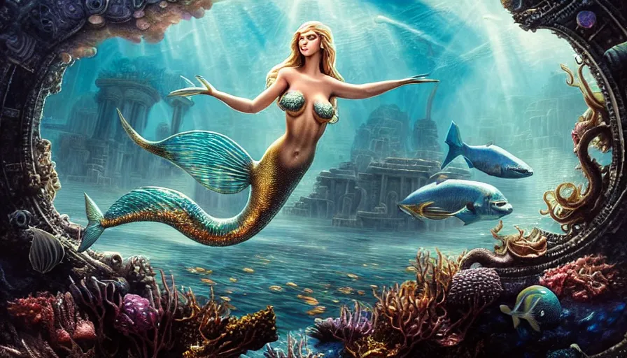 Prompt: a beautiful mermaid looking at the sunken city of Atlantis under water, rays of sunlight, stunning grand architecture, fish and sea creatures in background, art by Lise Deharme, 8k octane beautifully detailed render, post-processing, extremely hyperdetailed, intricate, epic composition, grim yet sparkling atmosphere, cinematic lighting + masterpiece, trending on artstation, very detailed, vibrant colors, Art Nouveau, volumetric god rays, deep underwater scene, sharp focus, smooth, dizzy, moody