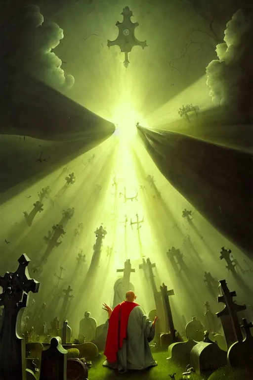 Image similar to hieronymus bosch, greg rutkowski, anna podedworna, painting of a fat white blob person with red hair, god rays, wide shot of a graveyard lit by spooky green lights