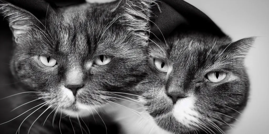 Image similar to a close up sad cat wearing a black hoodie, black hat, studio potrait, dramatic lighting, black background, highly detailed