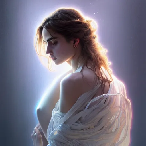 Image similar to ultra realistic illustration, ana de armas as a digital ghost, transparent, static, intricate, elegant, highly detailed, digital painting, artstation, concept art, smooth, sharp focus, illustration, art by artgerm and greg rutkowski and alphonse mucha