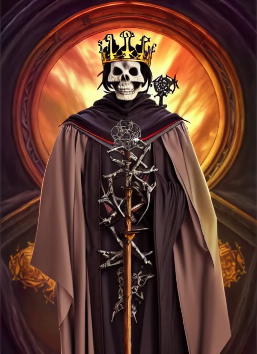 Image similar to overlord, undead skeleton king, wearing an academic gown, tarot card, highly detailed, deep focus, elegant, digital painting, smooth, sharp focus, illustration, ultra realistic, 8 k, art by artgerm and alphonse mucha