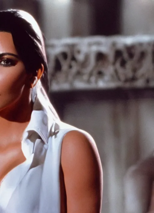 Prompt: film still of kim kardashian as tony montana in the movie scarface, 4k