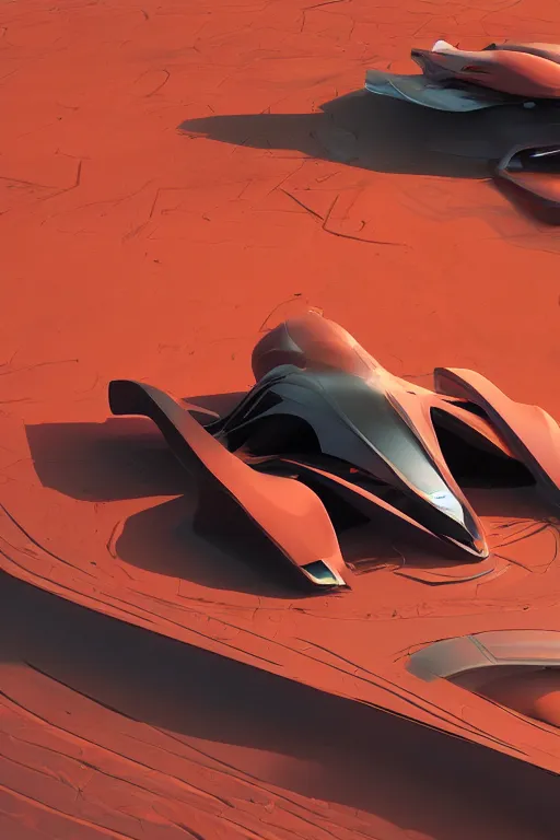 Prompt: professional photograph of a beautiful neo - futuristic simplified symmetrical supercar spacecraft landed on a desert plateau by ilm, denis villeneuve, emmanuel shiu, zaha hadid, vapor, cinematic architectural scale, red paint detail, manga, dramatic, volumetric, concept art, hard surface, hyperrealism, high detail, trending on artstation, sharp focus, rendered in octane