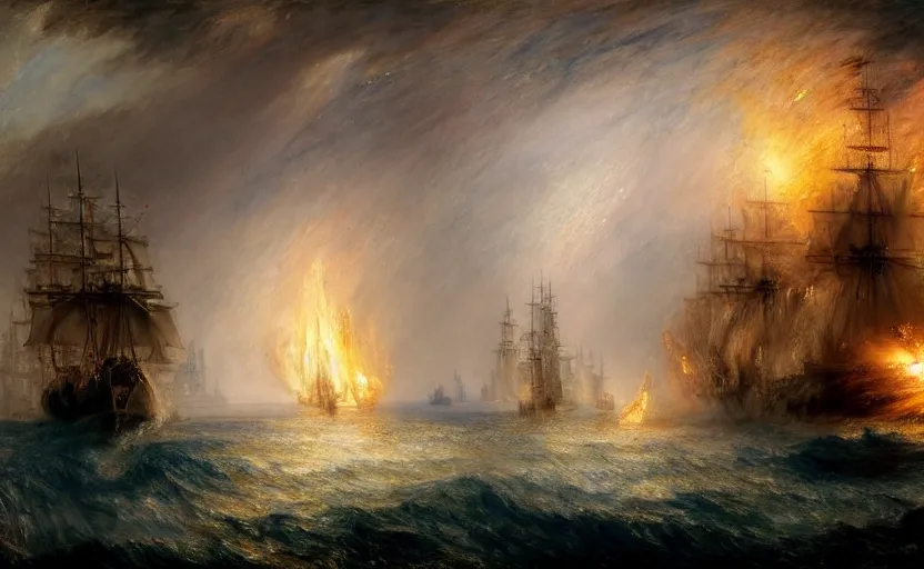 Image similar to epic naval battle, pirate galleons and millennium falcon. by artstation trending, by joseph mallord william turner, luis royo, konstantin razumov, cinematic lighting, fractal flame, highly detailed