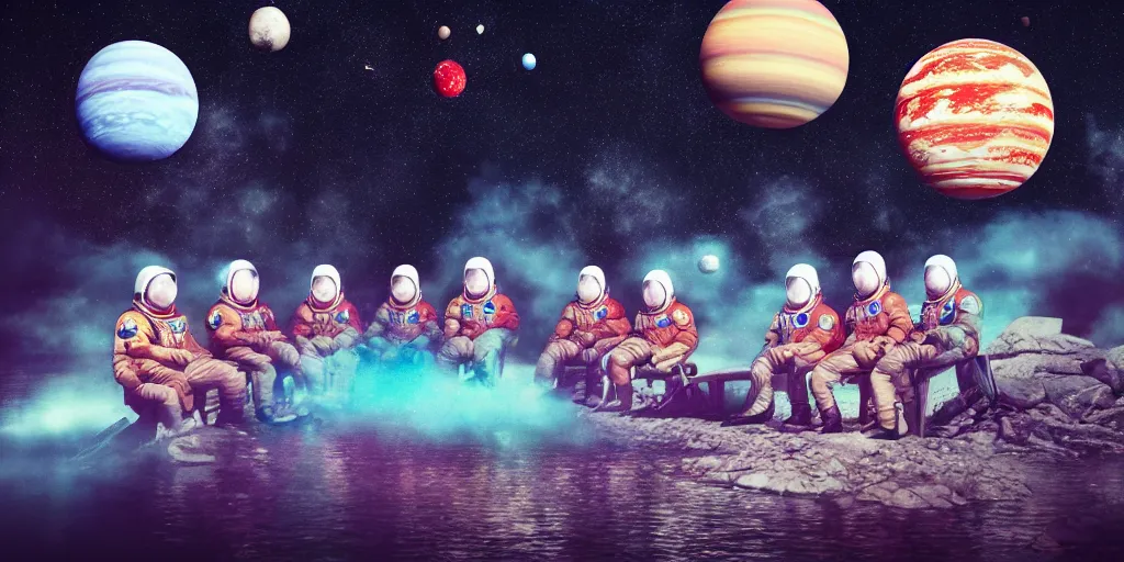 Image similar to twelve cosmonauts sitting by the river with a big holiday cake + octane render + ue 5 + planets and stars + mystical fog + psychedelic colors + super detail, high quality