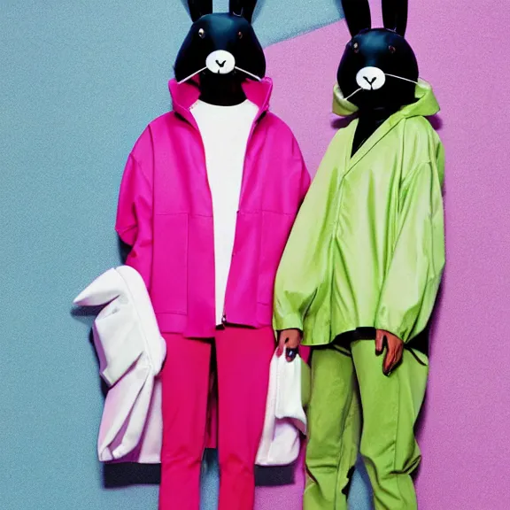 Prompt: two models in plastic bunny masks wearing baggy colorful 9 0 s jackets by rick owens. magazine ad. pastel brutalist background.