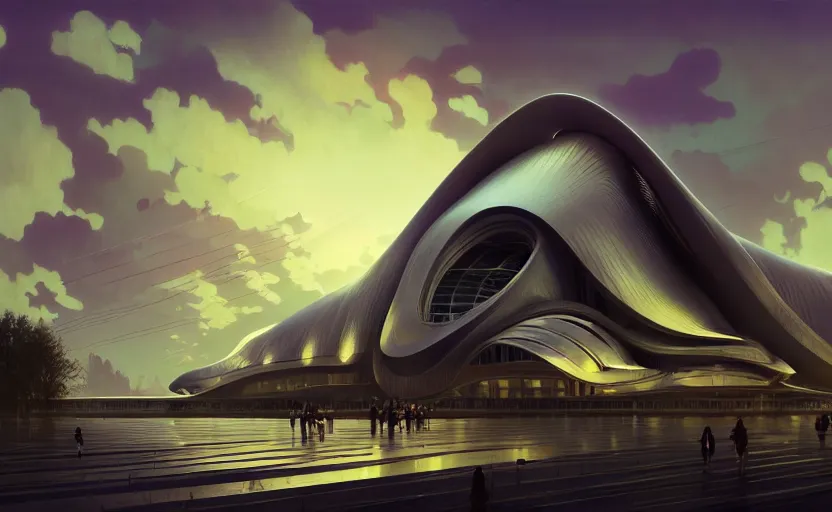 Image similar to exterior shot of utopian architecture building with cinematic lighting by zaha hadid and renzo piano, darek zabrocki and greg ruthkowski, alphonse mucha, simon stalenhag, cinematic, beautiful, holy place, paradise, scifi, futurism, atmospheric, sunset, award winning, concept art, artstation, trending on artstation