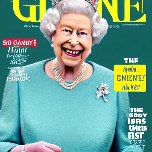 Image similar to the queen of england grinning rudely and pointing her middle finger, in a magazine cover photo. highly detailed hands