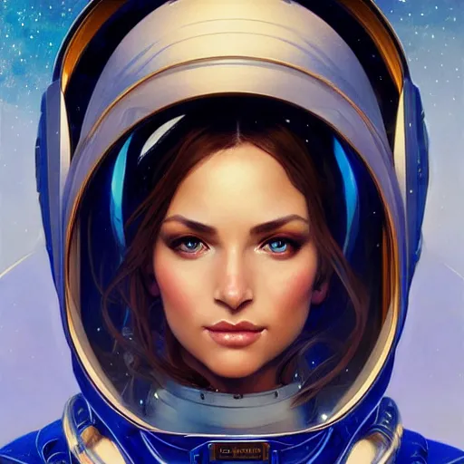 Image similar to Portrait of very very very very very very beautiful Latina woman, spacesuit, blue eyes, intricate, elegant, highly detailed, digital painting, artstation, concept art, smooth, sharp focus, illustration, art by artgerm and greg rutkowski and alphonse mucha