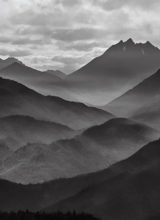 Prompt: old lost footage in black and white of a beautiful mountain,hyper realistic 8K HD real life photo