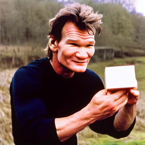 Image similar to patrick swayze eating! a cola cube, in scotland, high quality photograph,