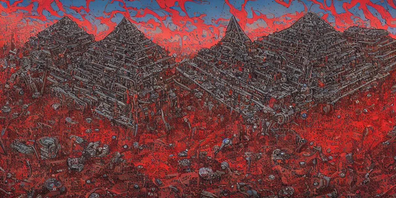 Image similar to hyper detailed comic illustration of a giant fleshy bio-mechanical machine pyramid covered in eyeballs, overlooking a dystopian wasteland, bright colors with red hues, lovecraftian