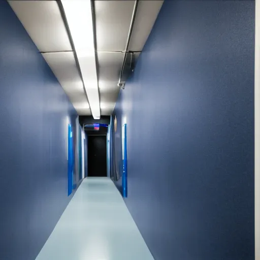 Prompt: blurry photo taken of corner of underground lab hallways, dark blue and black, clean, walls are made of dry wall, shiny floors, cinematic