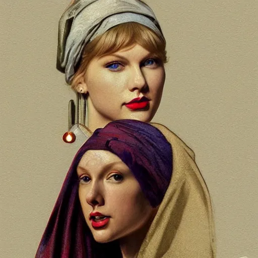 Prompt: Taylor Swift as the girl with the pearl earring, highly detailed, digital painting, artstation, concept art, smooth, sharp focus, illustration, ArtStation, art by artgerm and greg rutkowski and alphonse mucha and J. C. Leyendecker and Edmund Blair Leighton and Katsuhiro Otomo and Geof Darrow and Phil hale and Ashley wood and Ilya repin and Charlie Bowater