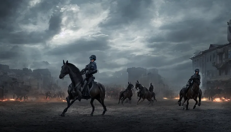 Image similar to police riding a militarized horse through an orwellian town, troops searching the area, action scene, an epic fantasy, dramatic lighting, cinematic, establishing shot, extremely high detail, photorealistic, cinematic lighting, artstation, octane render, by Christopher Nolan, horizon forbidden west