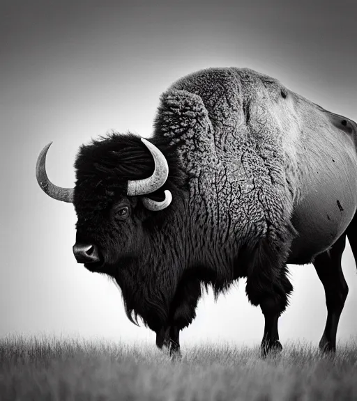 Prompt: Award winning Editorial photo of an american bison in yellowstone Park by Edward Sherriff Curtis and Lee Jeffries, 85mm ND 5, perfect lighting, gelatin silver process, National Geographic