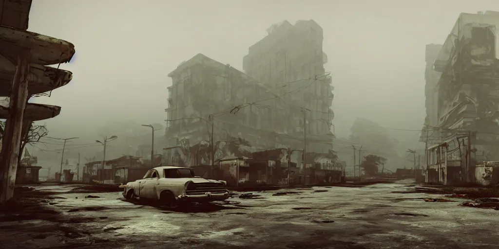 Image similar to wide angle shot of dilapidated fallout 5 tropical coastal city in real life, desolate, dilapidated, empty streets, nightmarish, some rusted retro futuristic fallout vintage style parked cars, overcast, blankets of fog pockets, rain, volumetric lighting, photorealistic, daytime, autumn, sharp focus, ultra detailed, cgsociety