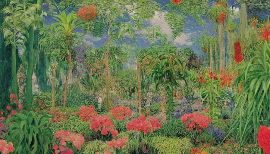 Image similar to a painting by monet, bosch, wayne barlowe, agnes pelton, rene magritte of a botanical garden full of tropical plants, huge plants, succulents, very colourful, vivid colourful plants, lush garden