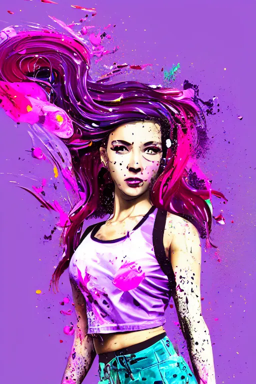 Image similar to a award winning half body porttrait of a beautiful woman in a croptop and cargo pants with ombre purple pink teal hairstyle with head in motion and hair flying, paint splashes, splatter, outrun, vaporware, shaded flat illustration, digital art, trending on artstation, highly detailed, fine detail, intricate