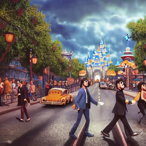 Image similar to beatles at disneyland, hyper detailed, dramatic lighting, cgsociety, realistic, hyper detailed, insane details, intricate, dramatic lighting, hypermaximalist, golden ratio, rule of thirds, octane render, weta digital, micro details, ultra wide angle, artstation trending, 8 k,