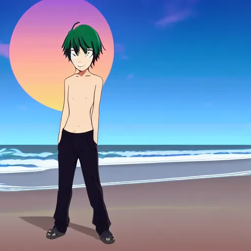 Prompt: Anime boy standing on the beach, smiling at the camera. Sunset. Anime Still frame.