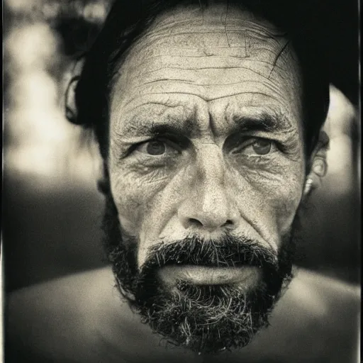 Image similar to portrait, extreme close up, sepia, beautiful light - randy savage, wet hair, stares at the camera, night sky, stars, bruce gilden, leica s, fuji 8 0 0, grainy, low light