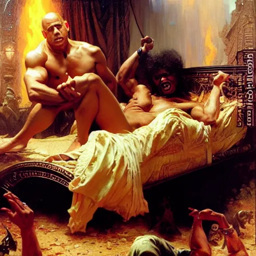 Prompt: vin diesel is in his bed, nervous and terrified, because little richard from hell is attacking him. highly detailed painting by gaston bussiere, j. c. leyendecker, greg rutkowski, craig mullins 8 k