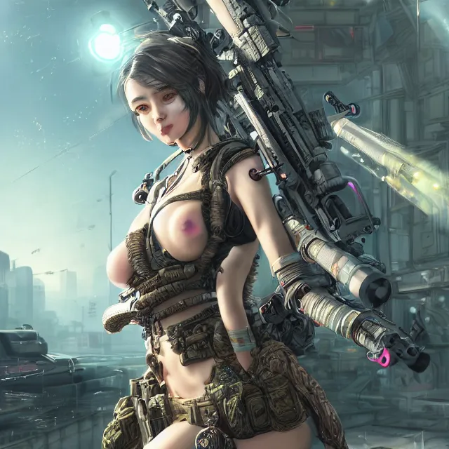 Image similar to the portrait of lawful neutral female cyberpunk marine sniper as absurdly beautiful, gorgeous, elegant, young gravure idol, an ultrafine hyperdetailed illustration by kim jung gi, irakli nadar, intricate linework, bright colors, octopath traveler, final fantasy, unreal engine 5 highly rendered, global illumination, radiant light, detailed and intricate environment