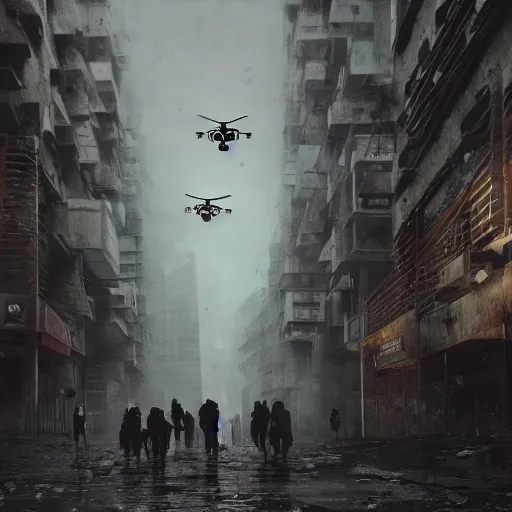 Image similar to hordes of drone-like people aimlessly walking around a depressing dystopian cityscape , trending on artststion, hyper realistic, surreal, melancholic, 8k, upscaled