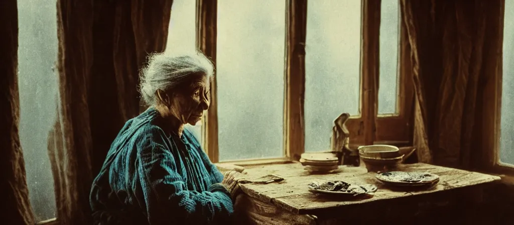 Image similar to portrait bust of old woman sitting at table, hands in pockets, looking outside, tired expression, faded color film, russian cinema, tarkovsky, technicolor, inside old cabin, next to window, heavy forest outside, long brown hair, old clothing, heavy fog, brown color palette, sunset, low light, hudson river school, 4 k, dramatic lighting