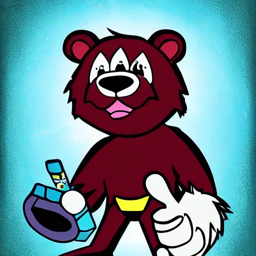 Prompt: gambling bear cartoon network by disney channel, dc and marvel with style od blizzard