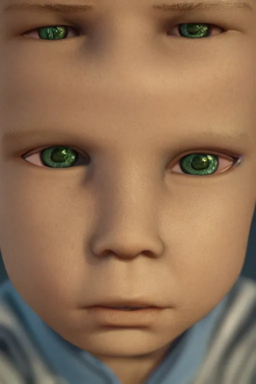 Image similar to hyperrealistic little boy close - up portrait, the portrait is decorated with art deco patterns, hyperrealistic, volumetric lighting, ultra detailed, elegant, octane render, blue and gold, 8 k, trending on artstation, unreal engine