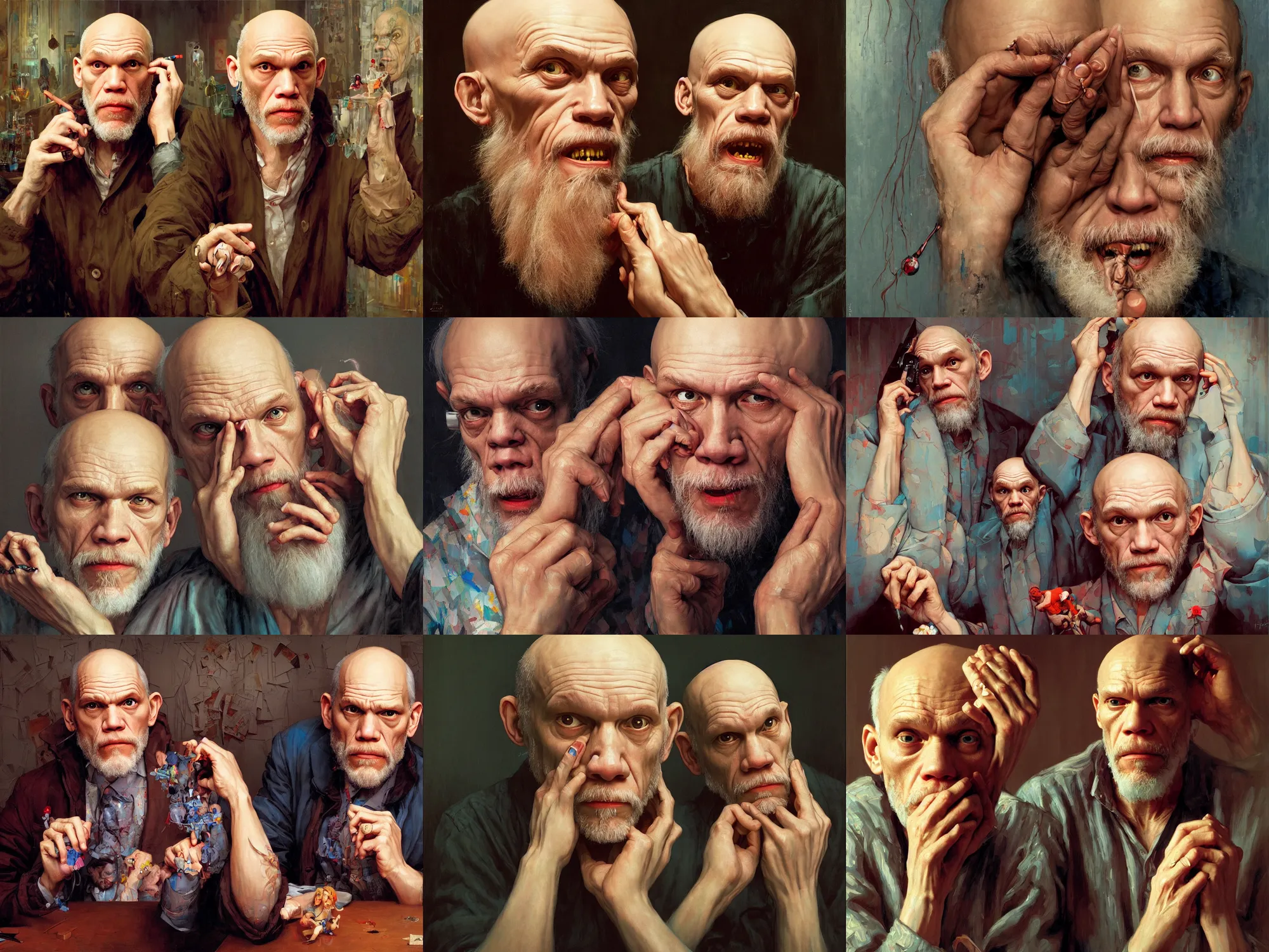 Prompt: john malkovich thinks about being john malkovich featuring john malkovich as the titular main character who lives inside his own head, absurd painting by james jean and thomas kinkade,