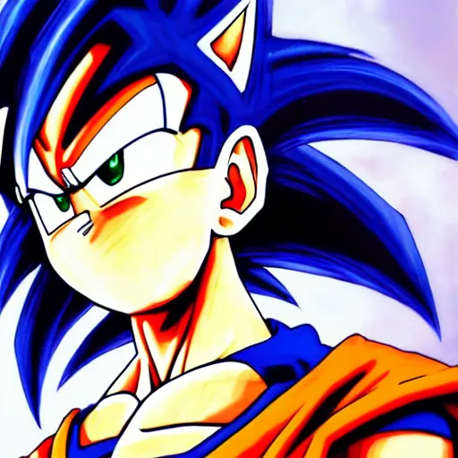 Image similar to ultra realistic portrait painting of a fusion of sonic and goku, art by akira toriyama, 4 k, dragon ball, artstyle, cel shaded, highly detailed, epic lighting