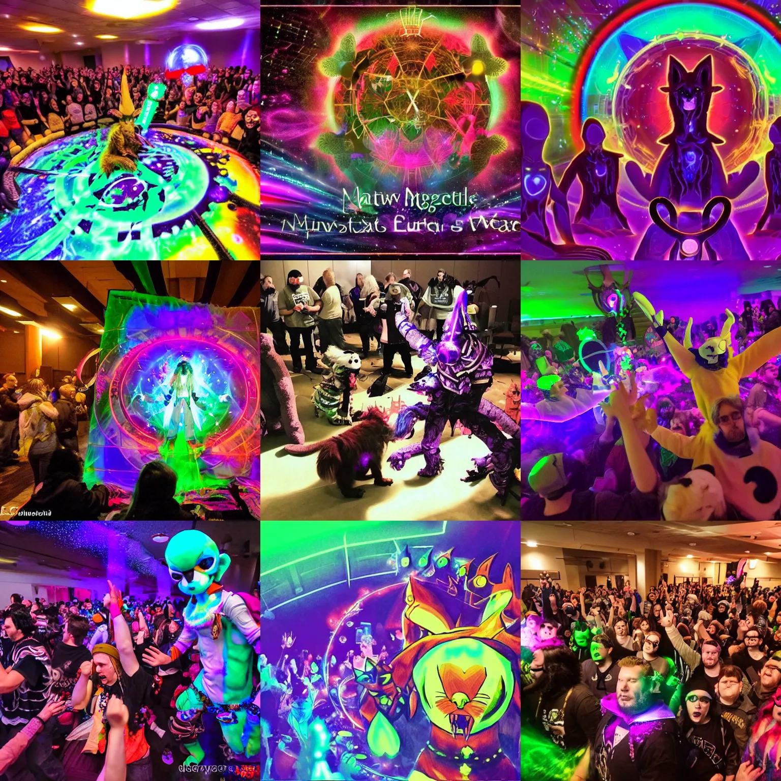 Prompt: Photo taken at Midwest FurFest's yearly fursuiter ritual/rave to keep the Astral Gate closed and hold the World-Eater at bay and so allow a new year to come. Numinous manifestation levels were at record high, resulting in several existential topological defects being breached alongside their concordant cosmological spacetime tearing, but the experienced convention organizers found levels manageable with the ultimate count of quantum over-entanglements and sundering ranging between an occurrence of St. Elmo's fire and a sustained incidence of upper-atmospheric lightning.