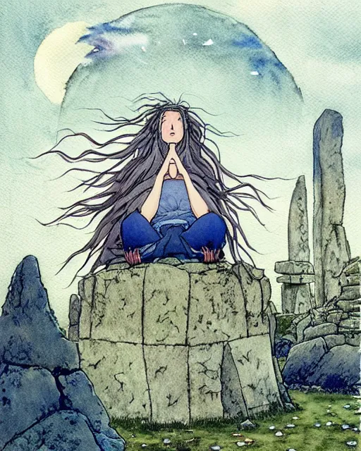 Image similar to a hyperrealist studio ghibli watercolor fantasy concept art of a giant long haired grey witch in lotus position sitting on top of stonehenge with a starry sky in the background. a ufo is in the sky. by rebecca guay, michael kaluta, charles vess