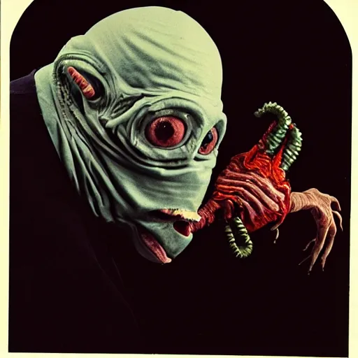 Image similar to closeup color 30mm film movie photograph of a 70-year old doctor wearing a surgical mask being smothered by a dangerous shape shifting alien creature, with multiple mutated snarling drooling human faces with a grotesque variety of gorey human and animal limbs protruding from its lower torso 1982